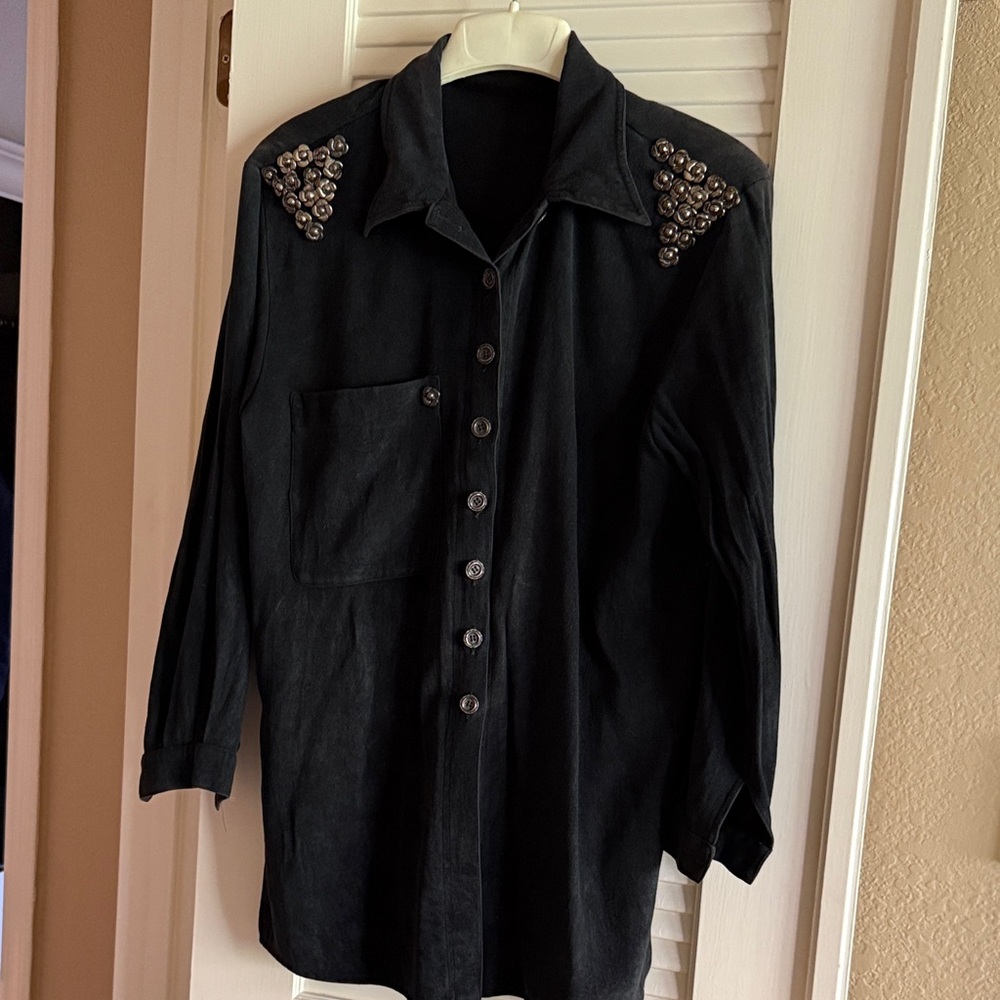 Black Button-Up Shirt with Studded Shoulders